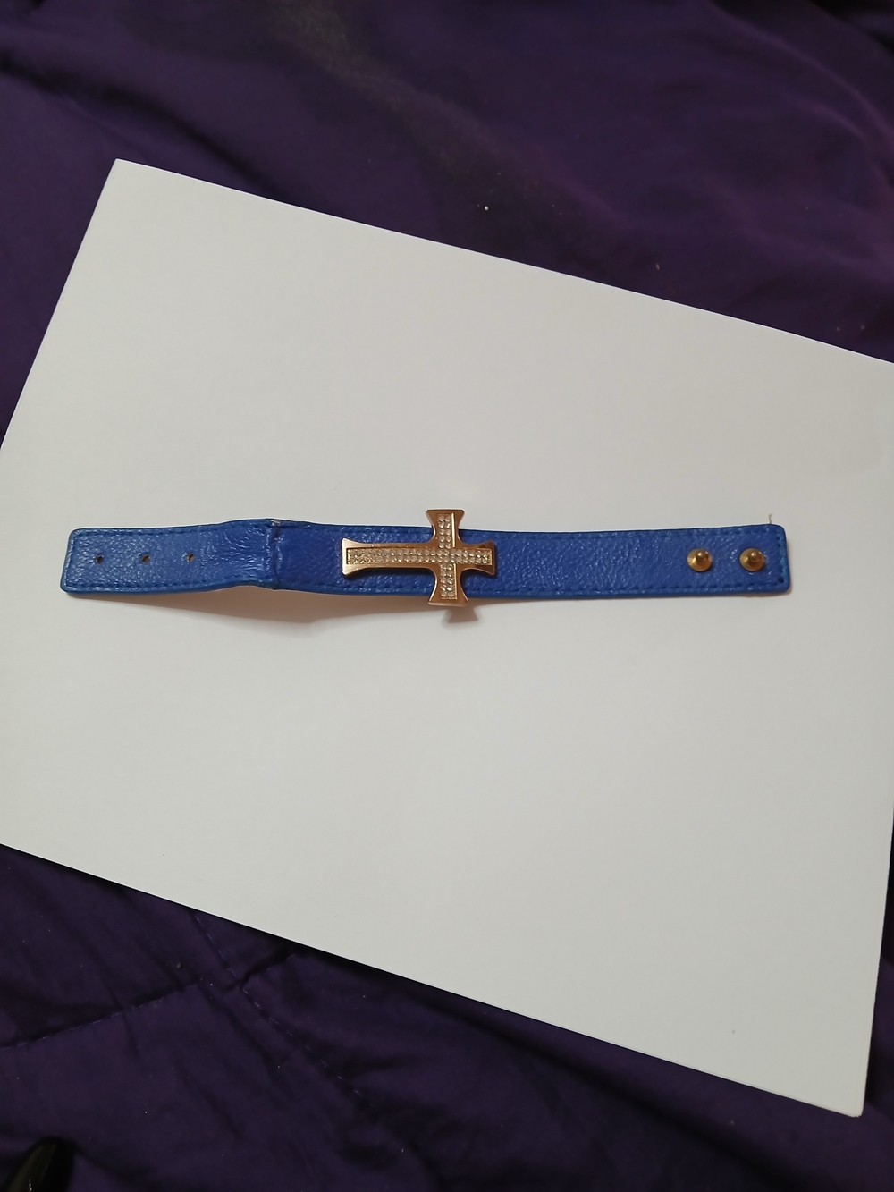 Blue Leather Bracelet with Gold Cross Detail